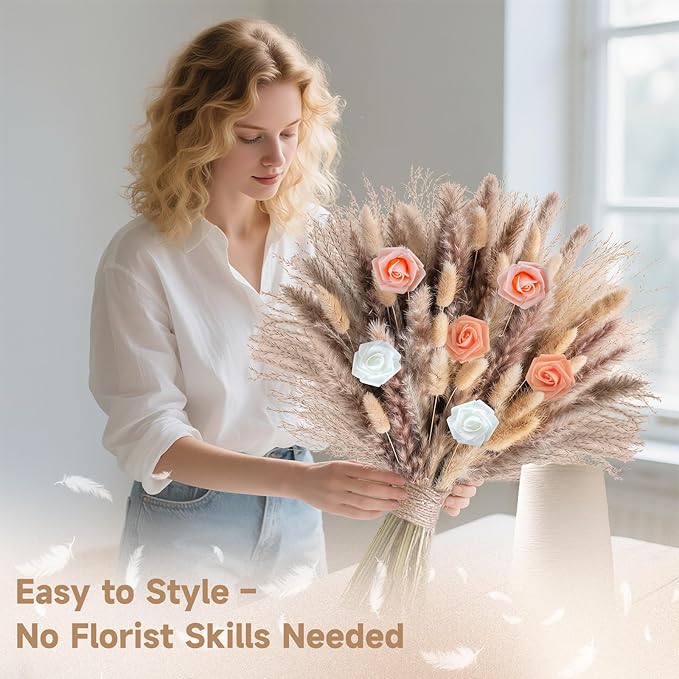Pampas Grass Boho Home Decor 101PCS 17 inch Natural Dried Flowers for Vase Pompas Eucalyptus Stems, Artificial Flowers Bouquet DIY Arrangements Boho Wedding Bedroom Tables Rustic Decoration