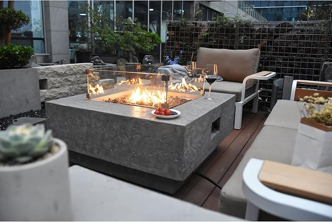 Elementi Manhattan Concrete Fire Pit 36" x 36" Outdoor Patio Firepit Includes Lava Rocks Modern Fire Pits & Outdoor Fireplaces for Garden, Deck, Indoor & Outdoor Heating