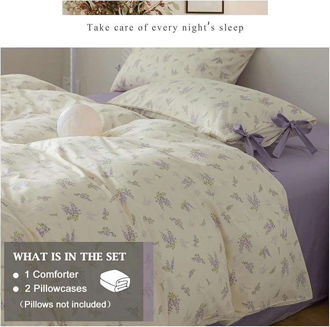 VM VOUGEMARKET Purple Flower Comforter Set King,Vintage Botanical Bedding Set 1 Lavender Floral Comforter and 2 Pillowcases with Bowknot for Women(3pcs,104x90Inch)