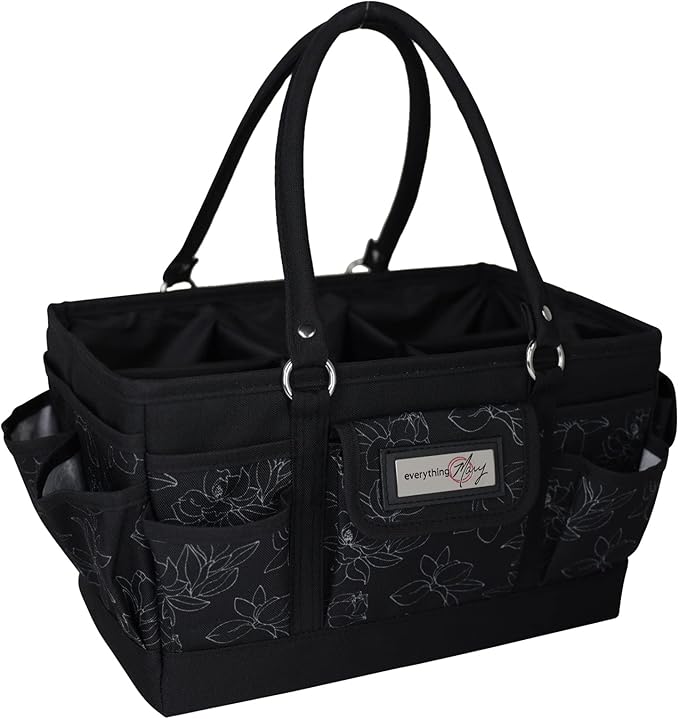 Everything Mary Deluxe Store & Tote Organizer – Black & White Floral Craft Bag with Handle – Collapsible Storage for Scrapbooking, Sewing, DIY Tools & Art Supplies
