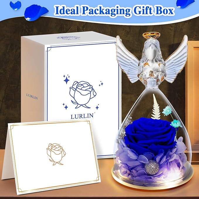 Lurlin Birthday Flowers for Women: Preserved Rose Gift for Mom, Grandma, Wife, Friend, Nurse; Glass Angel Figurines with LED Light
