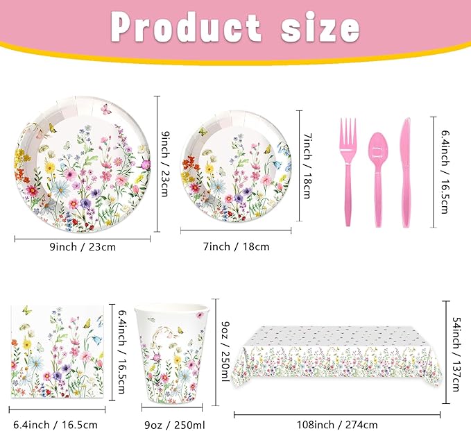 141pcs Spring Wildflower Party Decorations include Wildflower Plates Napkins Forks Knives Straws Tablecloth Cups for Floral Baby Shower Birthday Decorations,Suitable for 20 Guests