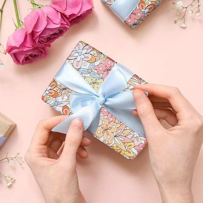 RayofSun Floral Wrapping Paper Roll 17 in x 32ft Mini Roll Boho Vintage Flower Gift Wrap All Occasion Wedding Birthday Bridal Shower Party Baby Shower Christmas