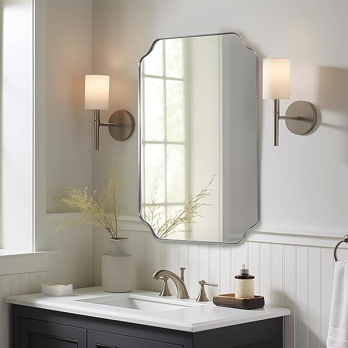 ANDY STAR Scalloped Bathroom Mirror, 24x36 Inch Brushed Nickel Rectangle Mirror, Silver Bathroom Vanity Mirror, Silver Framed Mirror in Anti-Rust Stainless Steel Metal, Thin Frame Deep 1’’