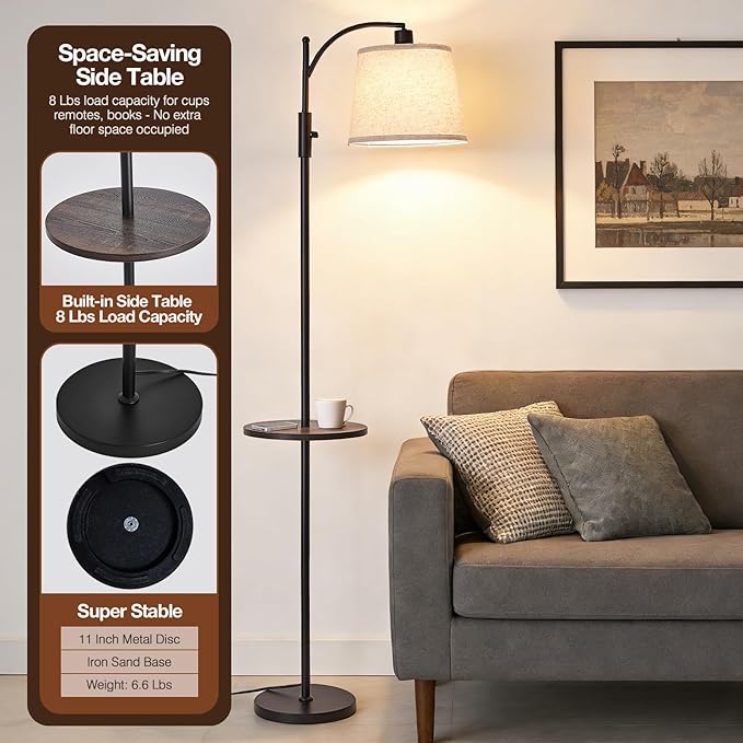 AIDENOEY Fully Dimmable Floor Lamp for Living Room，Standing Lamp Rotary Switch with Table&Linen Beige Shade，Black Tall Lamps for Bedroom with Adjust Head，9W LED Bulb Included