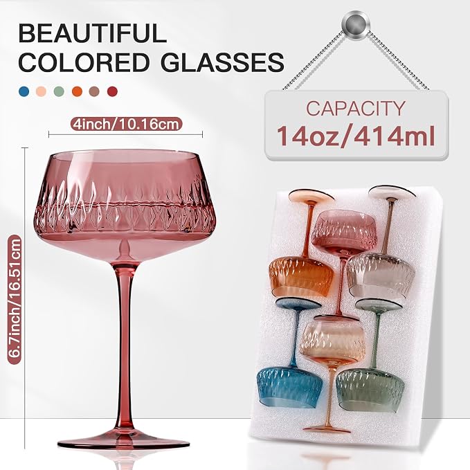 JOVGANK Colored Martini Set of 6, Hand Blown Colorful Cocktail Glasses 14Oz, Vintage Champagne Coupe, Large Margarita, Crystal Retro Style Bar Drinking, Multicolor