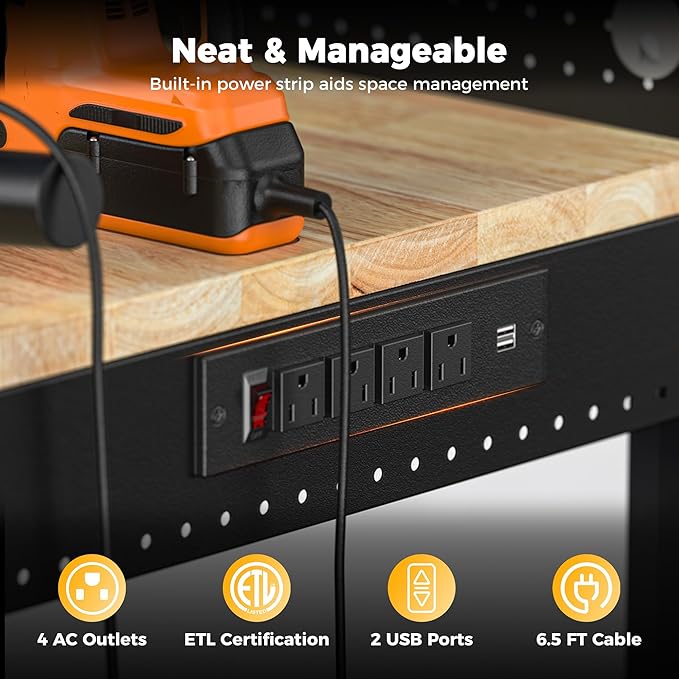 48" Heavy Duty Work Bench Adjustable Height Max Load 2000 LBS with Storage Shelf for Garage Workbench, Rubberwood Tabletop with Pegboard, LED Light, Built-in Power Strip for Woodworking Shop