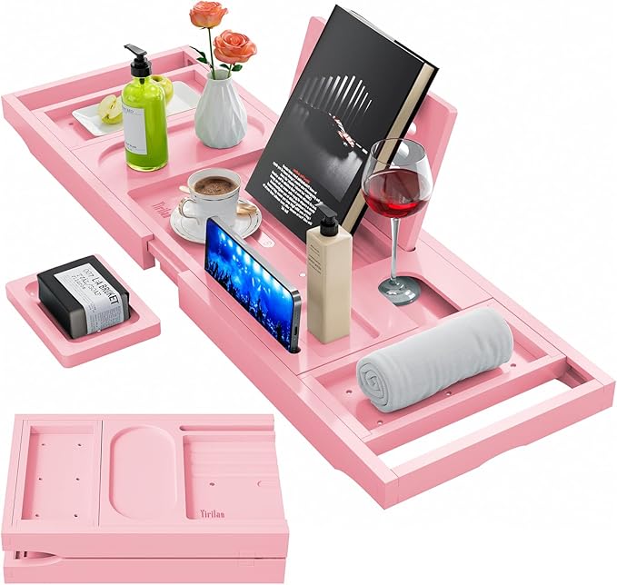 Premium Bathtub Tray Caddy, Expandable Bath Tray, Unique House Warming Gifts, New Home, Anniversary and Wedding Gifts for Couple, Pink