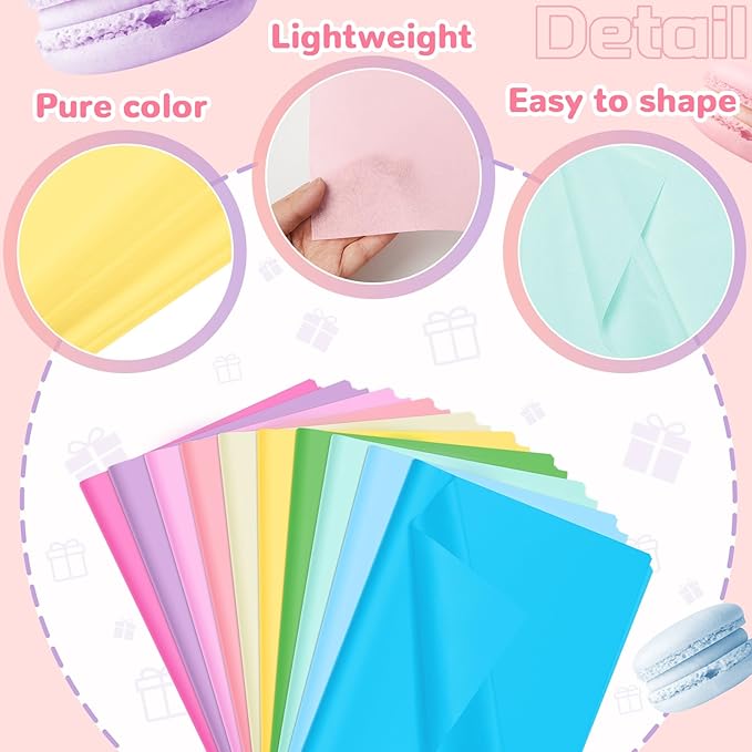 Qilery 500 Sheets Rainbow Pastel Tissue Paper Bulk for Gift Bags 15 x 20 Inch Acid Free Macaron Packaging Wrapping Decoupage Paper Sheets for Christmas Wedding Decoration DIY Flowers, Pom Poms, Crafts