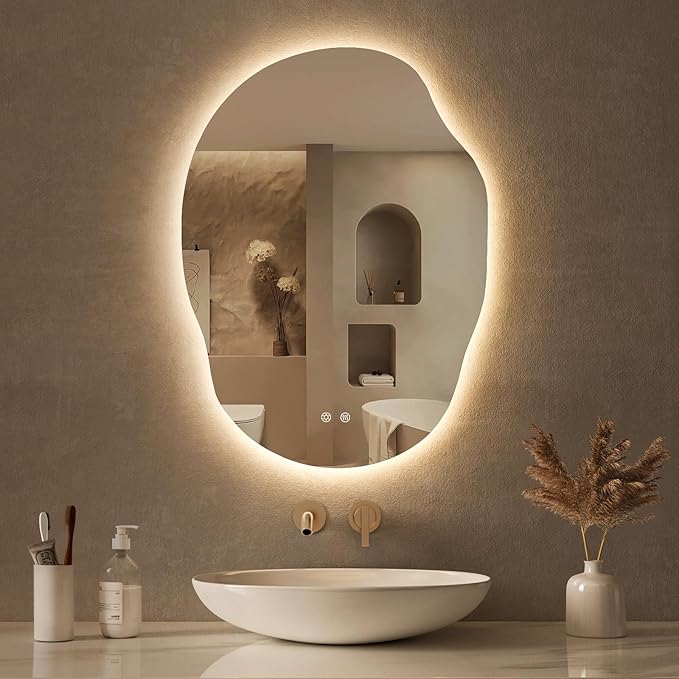 LOVESPEJO Irregular Backlit Mirror Bathroom 25x35 Inch, Asymmetrical LED Bathroom Mirror with Lights, Fogless, Dimmable, 3 Color Changing, Horizontal/Vertical