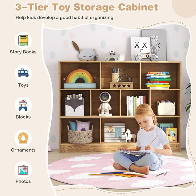 HONEY JOY Kids Toy Storage Organizer, 10-Section Wooden Floor Storage Cabinet, 41” Daycare Toy Chest, 3-Tier Kids Display Bookshelf for Classroom, Playroom & Nursery, Kindergarten (Natural)