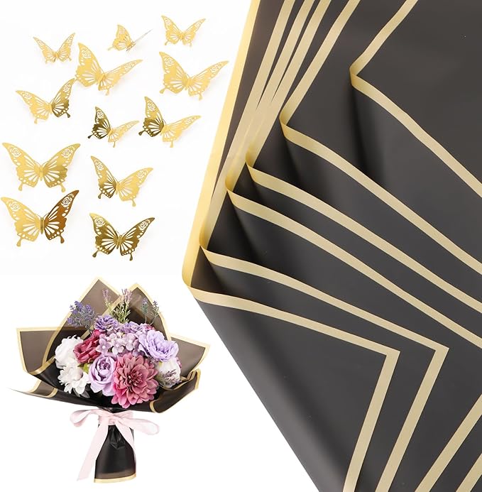 40 Sheets Flower Wrapping Paper, Waterproof Floral Paper Black Wrapping Paper for Flower Bouquet with 12 Pcs Gold Butterfly