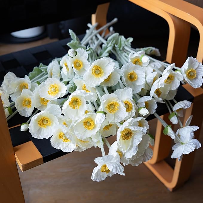 Artificial Flowers 6 Stems Poppy Silk Bouquet,for Wedding, Home, Party Decoration,Table Centerpiece Arrangement(White)