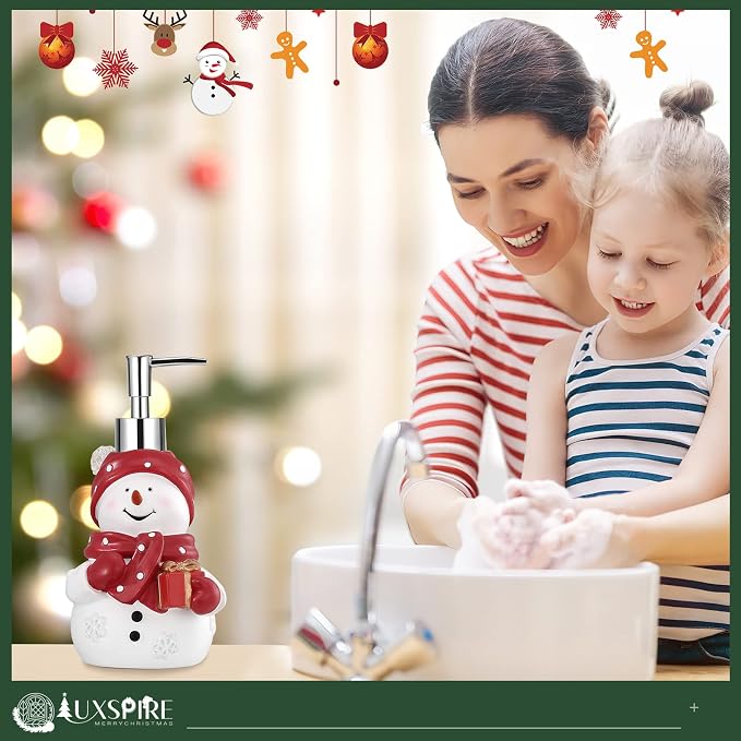 Luxspire Snowman Soap Dispenser, Christmas Decor Resin Liquid Hand Soap Dispenser Refillable Dish Soap Lotion Bottle Jar No Leak for Kitchen Shower Bathroom Countertop, 450ml