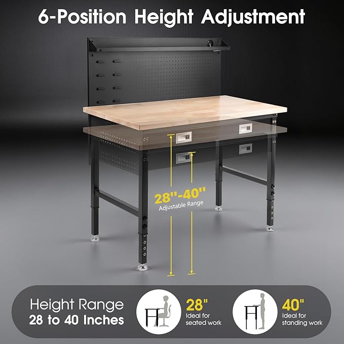 48" Adjustable Work Bench with Drawers, Workbench for Garage with Strip Light, Work Table with Large Pegboard, 2000 LBS Heavy Duty Table with Power Outlet Rubber Wood for Office, Workshop