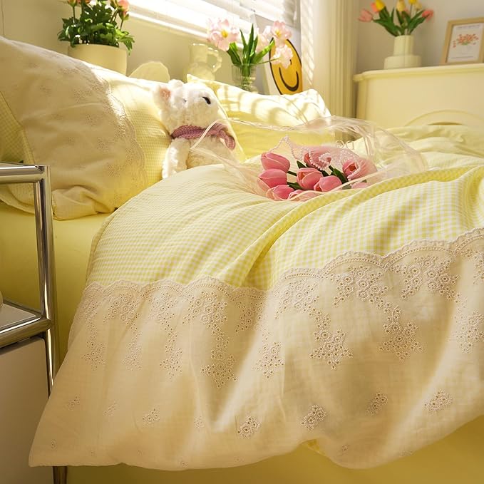 LifeTB Yellow Gingham Duvet Cover Queen 3 Pieces Romantic Lace Comforter Cover Soft Microfiber Cream Yellow Grid Duvet Cover Farmhouse Plaid Checkered Comforter Cover Grid Gingham Bedding Set