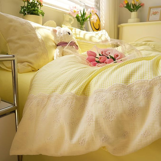 LifeTB Yellow Gingham Duvet Cover Queen 3 Pieces Romantic Lace Comforter Cover Soft Microfiber Cream Yellow Grid Duvet Cover Farmhouse Plaid Checkered Comforter Cover Grid Gingham Bedding Set