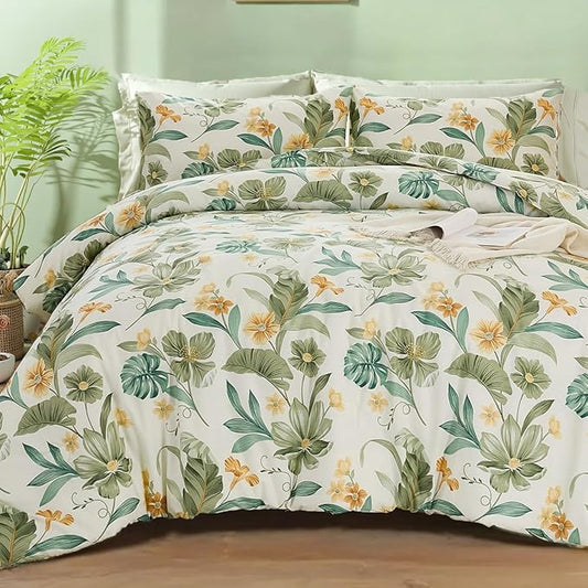Bedding_Dreamer Green Floral Comforter Set Queen 100% Cotton Comforter Garden Style Bedding Flower Leaf Botanical Bed Chic Boho Home Decor