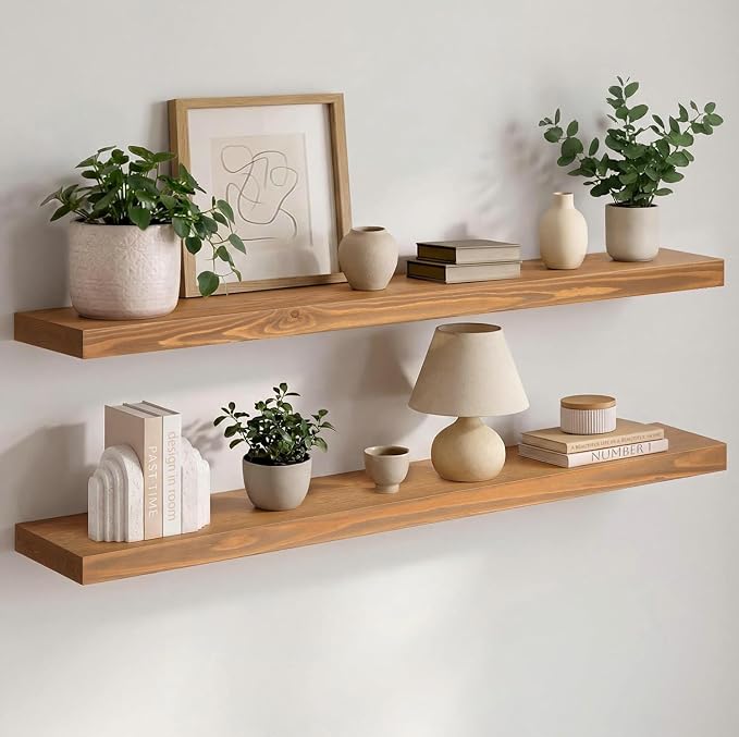 Homeforia 42 inch Golden Oak Floating Shelf, High End Solid Real Wood 42inch Small Floating Shelves for Wall Mounted, Oak Wooden 42in Floating Shelves, Heavy Duty Bracket, 42 X 6.5 X 1.75 in, Set of 3