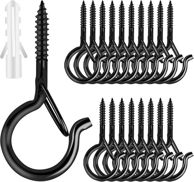 Q Hangers 25 PCS Screw-in Hooks for Outdoor String Lights, Swivel Hanging Basket Patio Light Hooks with Safe Buckle Screw in Planter Eye Hook for Wall Ceiling