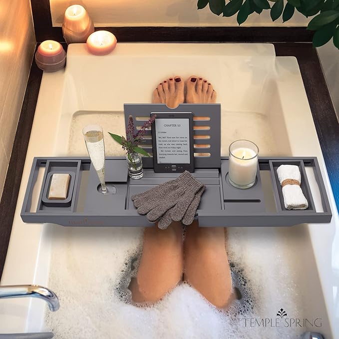 Temple Spring Bamboo Bathtub Tray Caddy for Tub — Expandable Wood Bath Tray with Solid Book Stand Wine Holder and Non-Slip Pads — Includes Bamboo Soap Dish and Spa Accessories — Luxury Bath Gift Set