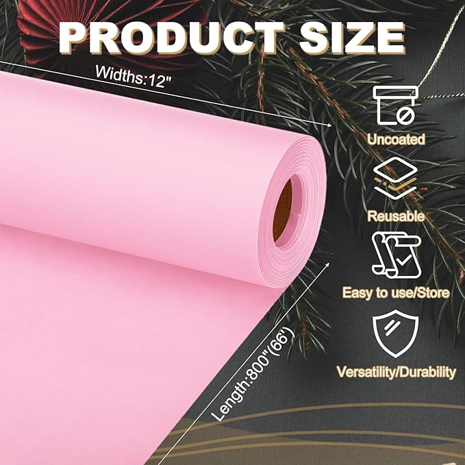 PATIKIL Wrapping Paper, 12"x800"(66') Bulletin Board Paper Roll Kraft Paper Roll Construction 80GSM for Shipping Packing Gift Wrapping Craft Flower Bouquet Christmas, Pink