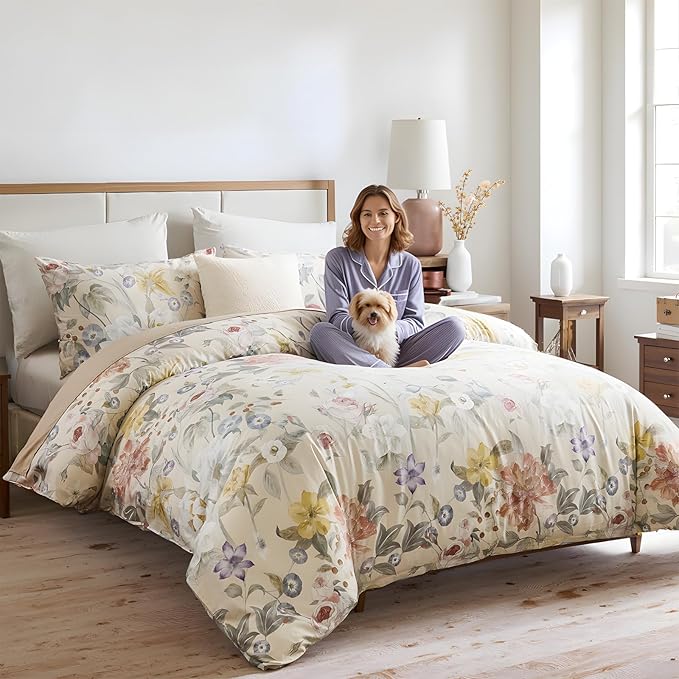 100% Cotton Duvet Cover Queen Size – Blooming Garden Duvet Cover Set with Zipper Closure & Corner Ties, 3-Piece Silky Soft & Breathable Pastel Floral Bedding Set for All Seasons