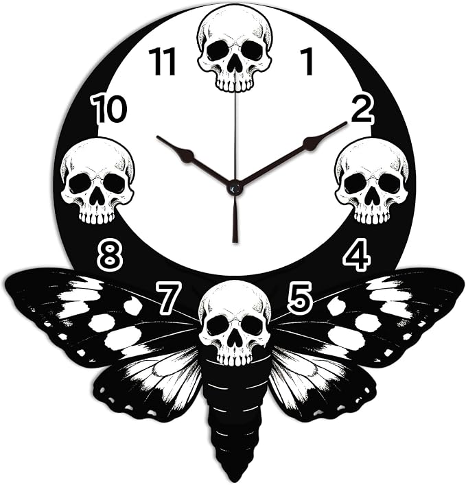 Skull Wall Clock Irregular Shape Decorative Wall Clock Moth Moon Non-Ticking Clock for Home Office Decoration, 13.54×12.99 inch