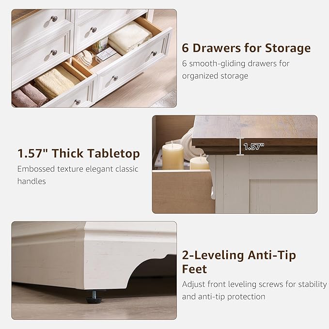 Farmhouse 6 Drawers Dresser for Bedroom, 54" Wide Large Dressers & Chests of Drawers w/Roman Column, Wooden Dresser TV Stand with Large Drawers for Nursery Bedroom Living Room Hallway, Antique White
