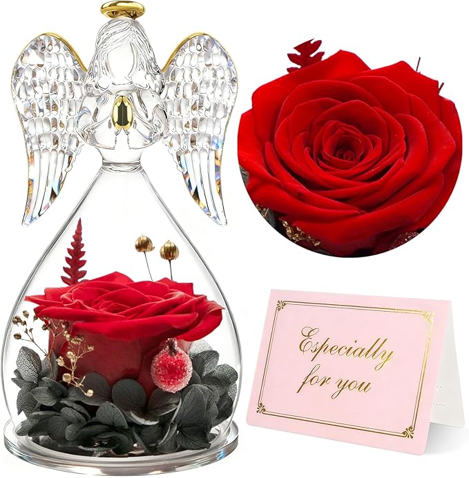 Yamonic Mom Birthday Gifts for Women, Preserved Roses Forever Flower in Glass Angel Figurines Gifts for Moms Grandma, Real Fresh Flowers Christmas Mothers Day Anniversary Valentines Gifts for Her(Red)