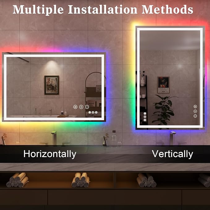 WTTY LED Bathroom Mirror 48"x32" with RGB Backlit and Front Light,Stepless Dimmable LED Mirror for Bathroom,Colored Lighted Bathroom Vanity Mirror,Anti-Fog,Memory Function,Shatter-Proof