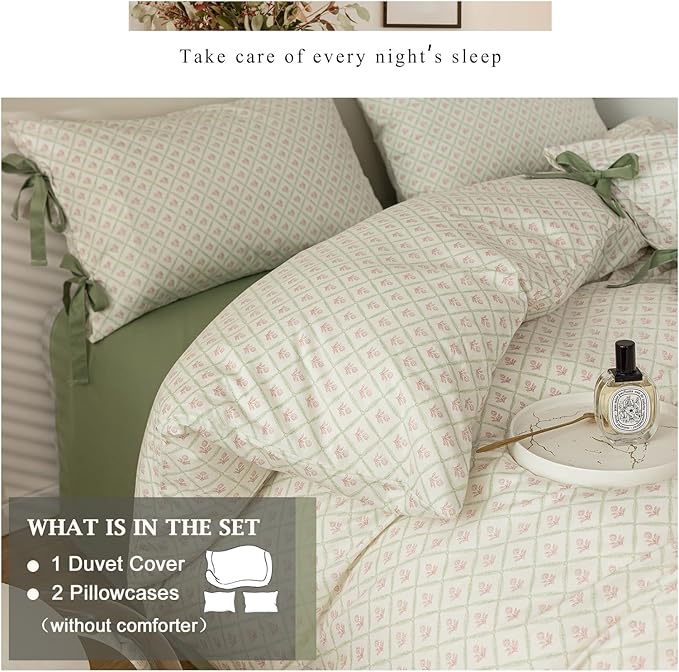 VM VOUGEMARKET Red Flower Duvet Cover Set Queen Green Grid Duvet Cover with 2 Bow Ties Pillowcases 100% Cotton Vintage Country Style Girls Comforter Cover with Zipper Closure