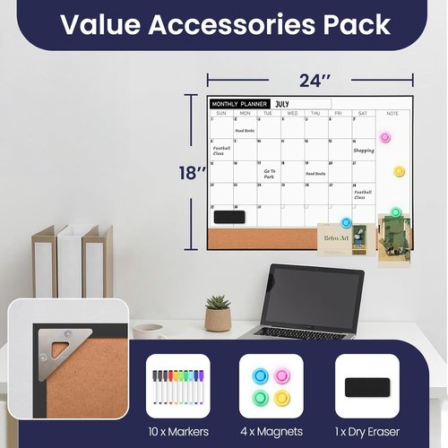 Regine Switzerland Dry Erase Calendar Cork Board Combo - 18x24 Inches Magnetic Whiteboard for Home & Office