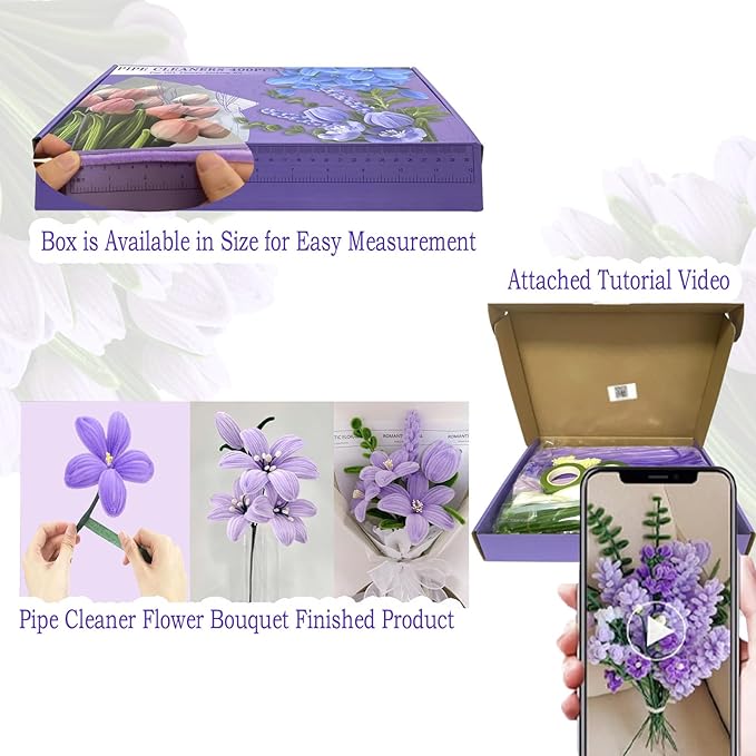 Pipe Cleaners Flower Craft Kit,Chenille Stems Craft DIY Bouquet Making Set with Floral Wires, Gardening Tape, Stamens & Ribbon for Home Decor-Holiday Decorations,Gifts - 400 Pcs(Purple)