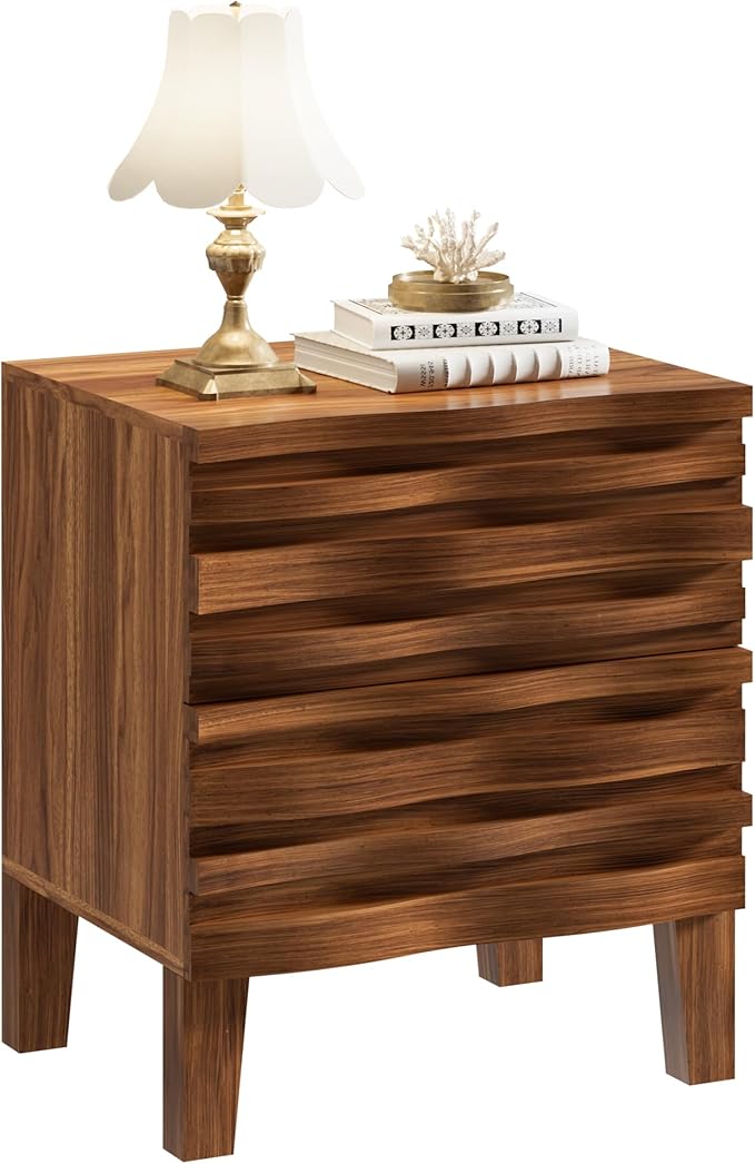UEV Solid Wood Nightstand, 19.7" W Boho Nightstand with 2 Drawers, Fluted Wood Night Stand, Mid Century Modern Bed Side Table for Bedroom,Living Room, Natural Wood