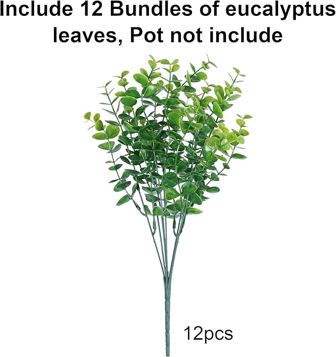 HyeFlora Artificial Plants for Outdoors Outside Spring Summer Decoration, 12 Bundles Faux Eucalyptus Leaves Stems Bulk Fake Greenery Branches Look Real UV Resistant for Home Porch Patio Planter Yard