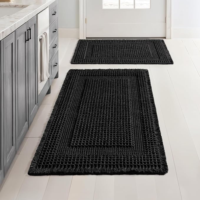 MIULEE Set of 2 Waffle Bathroom Rugs, Boho Bath Rug Super Absorbent, Non Slip Washable Ultra Soft Rubber Backed Shower Bath Mats for Floor, Tub, Shower, Looped Design, Black, 17"x24"+18"x30"