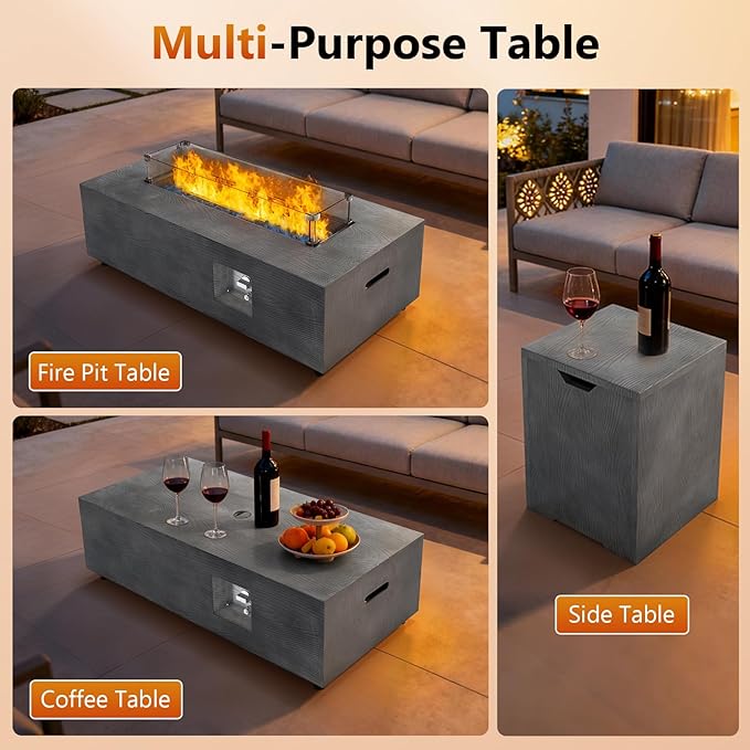 2-Piece 42" Rectangular Propane Fire Pit for Outside Patio with Hidden Tank Table, 50,000 BTU Fireplaces with Glass Wind Guard, Lid, Glass Rocks, Cover(Grey Wood Grain)