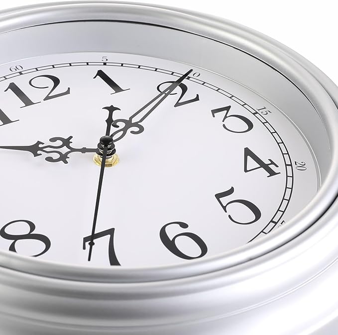 Plumeet Small Retro Wall Clock, 10'' Non Ticking Classic Silent Vintage Wall Clocks Decorative Kitchen Living Room Bedroom - Battery Operated, Silver