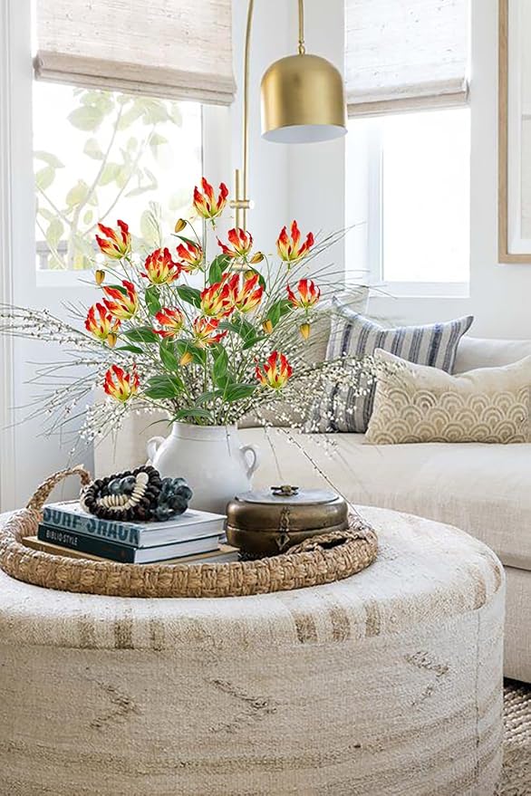 Briful Set of 5 Artificial Flowers Sprays Fake Gloriosa Superba Flowers, Red Orange Faux Flame Lily Flowers Bouquet Floral Arrangement for Vase Wedding Home Farmhouse Centerpieces Decor