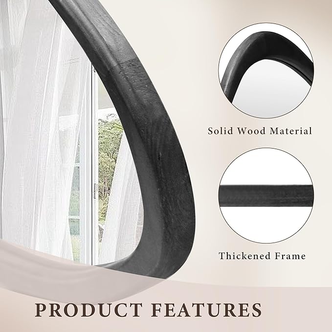 60''x22'' Asymmetrical Mirror with Black Wood Frame, Small Irregular Wavy Wall Mirror, Odd Shaped Mid Century Modern Mirror Decor for Bedroom Living Room Entryway Hall