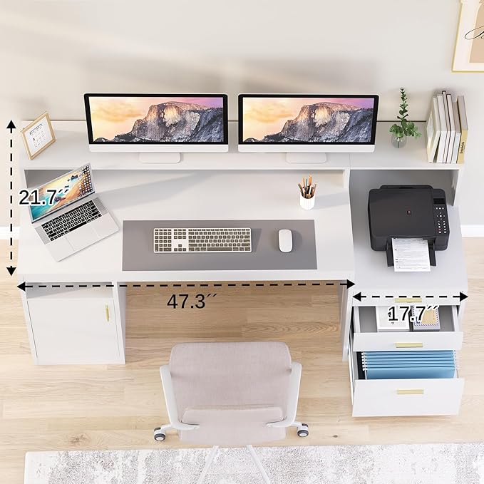 Computer Desk with 3 Drawer & Storage Shelves, Home Office Desk with File Drawer & Cabinet, Writing Study Table with Long Monitor Stand & Printer Shelf, Executive Desk, White