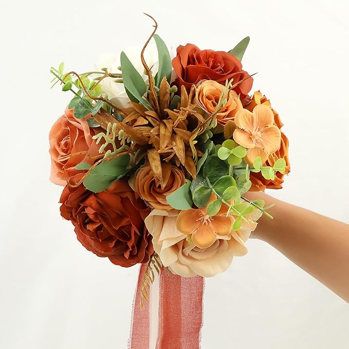 Set of 4 Bridesmaid Bouquets for Wedding - 9 Inch Artificial Flowers Bouquets for Ceremony Anniversary Centerpieces Decorations - Terracotta