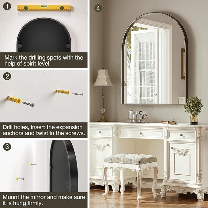Brightify Arched Mirror, Arched Wall Mirror, 32 x 40 Inch Black Arch Mirror, Metal Frame Black Bathroom Mirror, Arched Top Bathroom Vanity Mirror for Living Room Bedroom Mantel Entryway Hallways