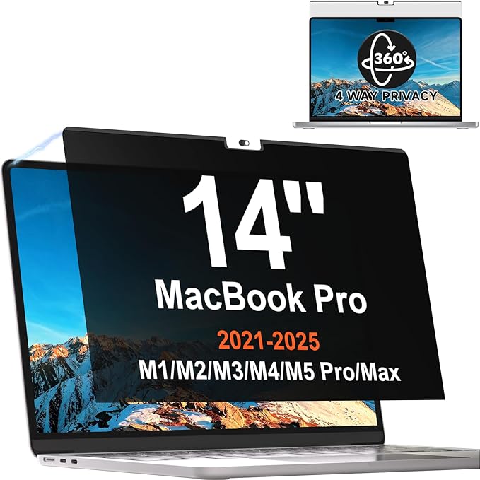 Magnetic 360° Privacy Screen for MacBook Pro 14 Inch (2021-2025, M1, M2, M3, M4, M5 Pro, Max), Removable Anti Glare Blue Light Filter, 4 Way Anti Spy Black Protector for Mac Pro 14In Laptop Computer