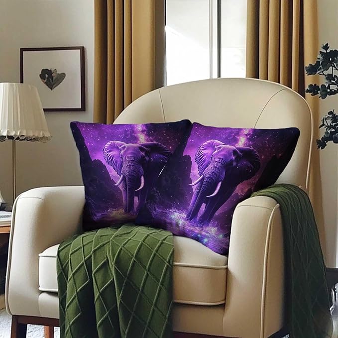 Elephant Throw Pillow Covers 18x18 Set of 2 | Wild Animal Decorative Cushion Covers | Purple Print Pillow Cases for Sofa and Bed Room | Jungle Themed Home Decor