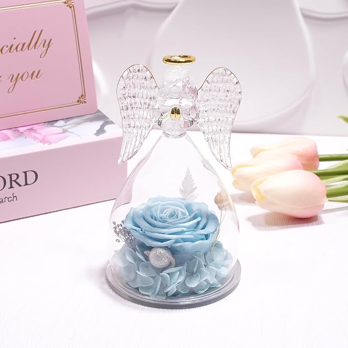 Yamonic Mom Birthday Gifts for Mom, Glass Angel Figurines Forever Real Rose Gifts for Her Women Grandma, Preserved Rose Angel Figurine for Mothers Day Birthday Gifts for Moms from Daughter(Pale Blue)