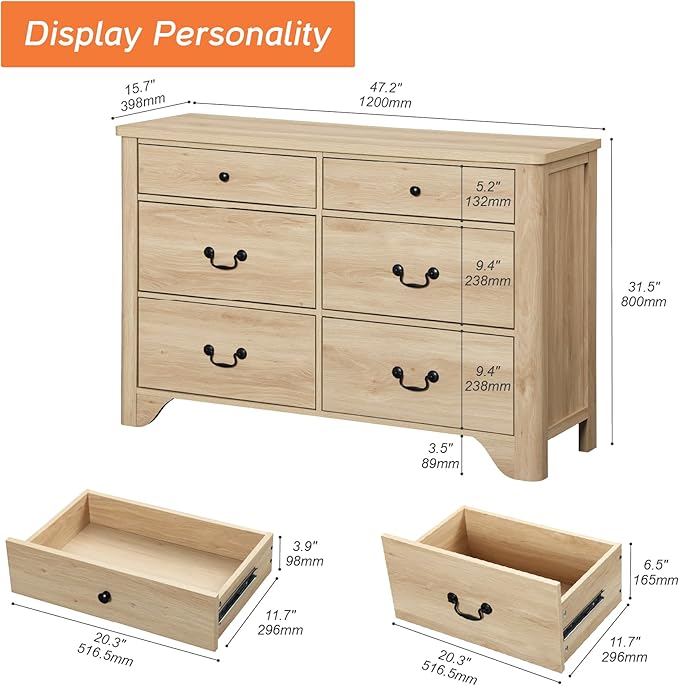 WAMPAT 6 Drawer Dresser for Bedroom, 47.2" W Farmhouse Dresser with Large Storage Drawers and Metal Handle, Modern Chest of Drawers with Solid Wood Legs, Wood Dressers for Bedroom,Closet,Hallway,Oak