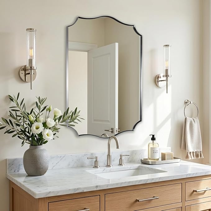 ANDY STAR 20"x30" Brushed Nickel Bathroom Mirror, Scalloped Mirror for Bathroom Vanity, Modern Silver Mirror in Rustproof Stainless Steel Frame, Elegant Curved Scallop Design, Ideal for Home Remodel