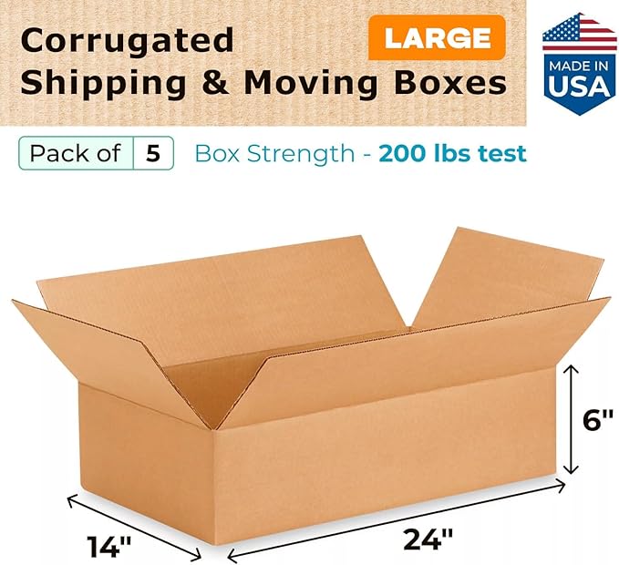 Large Shipping & Moving Boxes 24 x 14 x 6 inches (5-Pack) - Extra Strength 200 lb vs Regular - Corrugated Boxes for Moving - Large Moving Box Heavy Duty - Carton Box by IDL Packaging